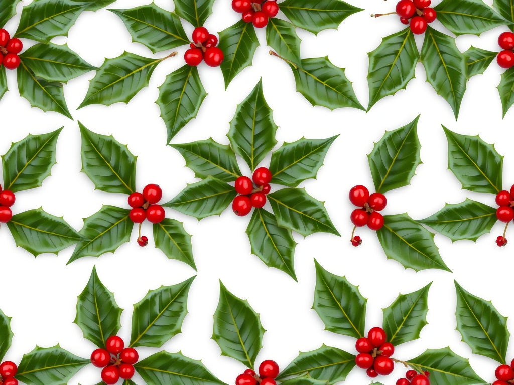 Regenerate a seamless pattern of holly leaves and berries with a clean white background, using a high-resolution digital camera, 50mm lens, aperture f/8, ISO 100, and a top-down view style to enhance image quality.