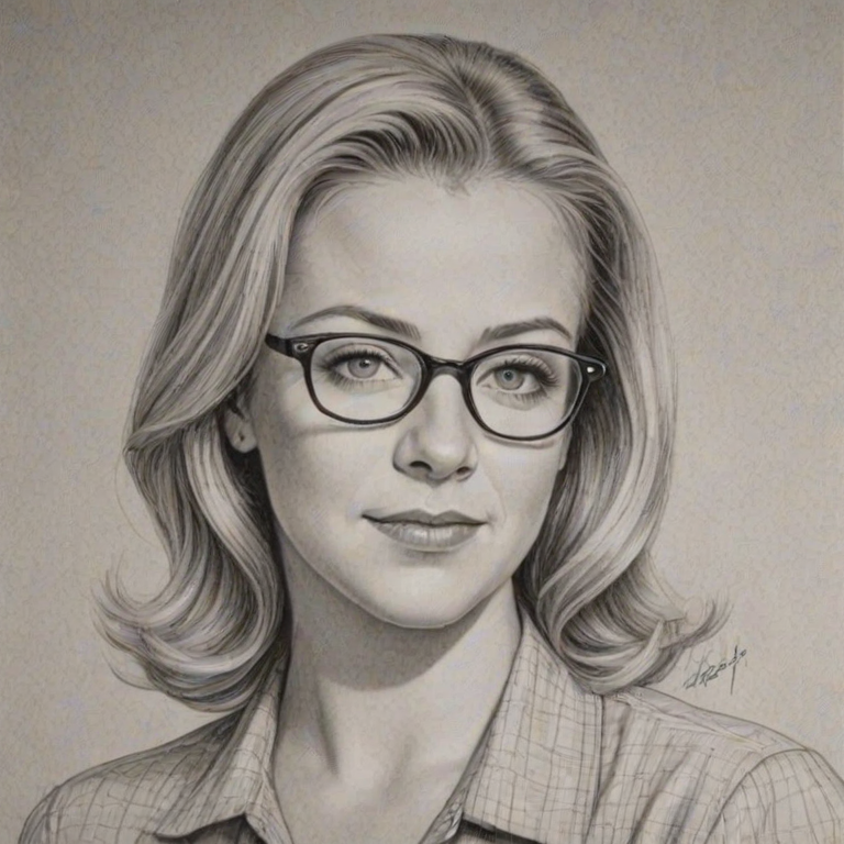 Comely Melissa Joan Hart, pencil sketch, portrait of Splendid woman 1945s in glasses, hair style beatnik, outline, clear lines, fine lines, 8k