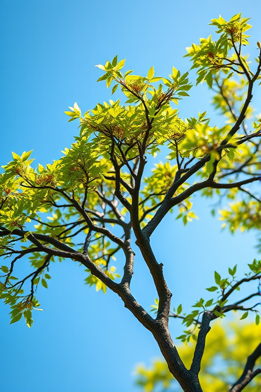 Create a highly detailed and vibrant illustration of a tree with intricate branches, bright green leaves, and a clear blue sky in the background, using a Canon EOS R5 with a 50mm f/1.2 lens, ISO 100, f/8 aperture, and a shallow depth of field for a soft-focus background.