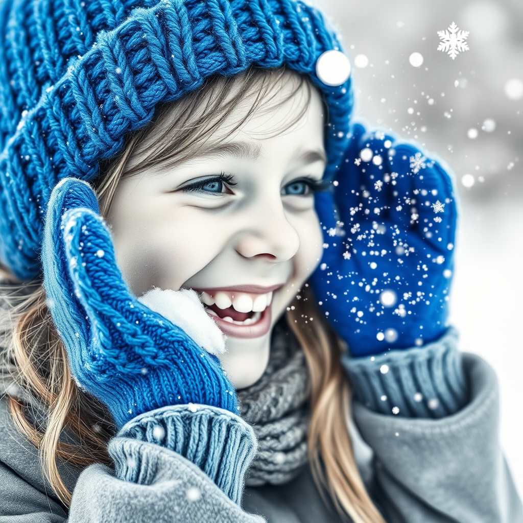 A hyperdetailed photorealistic macro image black and white pencil sketch of a young girl getting hit by a snowball during a snowball fight. She is wearing a brilliant sapphire blue wool beanie and bright blue mittens. She is trying to block the snowball by putting her hands up. The snowball hits her beanie and disintegrates into myriad tiny snowflakes caught with high speed photography. The girl is laughing and having a wonderful time.