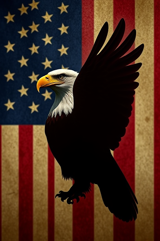 Create a high-resolution image of a bald eagle silhouette filled with a textured American flag pattern, shot with a DSLR camera at f/8 aperture, ISO 100, 50mm lens, with a shallow depth of field and soft natural lighting to enhance color vibrancy and contrast.
