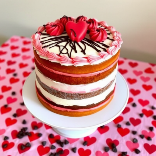 A beautifully decorated three-layer cake with red and white frosting, topped with swirls of red icing and chocolate drizzle, sitting on a white cake stand, surrounded by a red heart-patterned tablecloth and scattered chocolate chips.