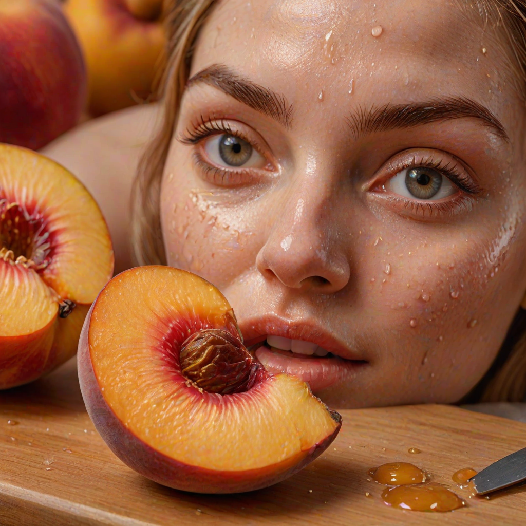 A hyperdetailed photorealistic macro color saturated high resolution image of a peach cut in half, with the peach pit being a highly detailed sculpted woman's face with her eyes open and peach-colored irises. The face has a marble texture. The image includes condensation, moisture, and peach juice. The peach is on a wooden cutting board with a small fruit knife nearby, also covered with juice.