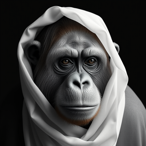 A hyper-realistic digital portrait of an orangutan with fabric draped over its head. The fabric is sheer and lightweight, allowing the contours of the orangutan’s face to show through, including its ears, eyes, and nose. The texture of the fabric is smooth and flowing, with delicate folds and creases that suggest softness and movement. The orangutan’s expression is serene and contemplative. The image focuses on the interplay of light and shadow on the fabric and the orangutan's face, creating a monochromatic palette of whites and grays. The background is a simple, nondescript dark shade to highlight the subject.