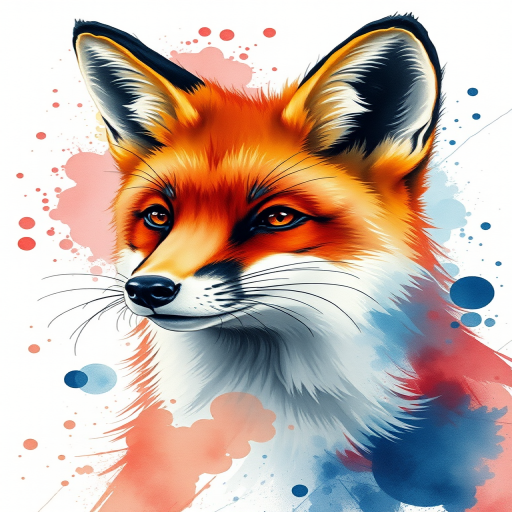create a vibrant watercolor illustration of a fox with splashes of red, blue, and black, using a Canon EOS R5, 50mm lens, f/1.8, ISO 100, soft focus style, high-resolution detail