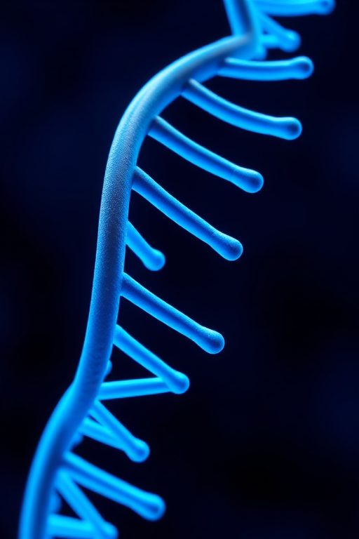 Generate an image of a blue DNA double helix with horizontal lines emphasizing the structure, using a DSLR camera with a 50mm lens, f/2.8 aperture, ISO 100, shot from a high-angle view with soft diffused lighting.
