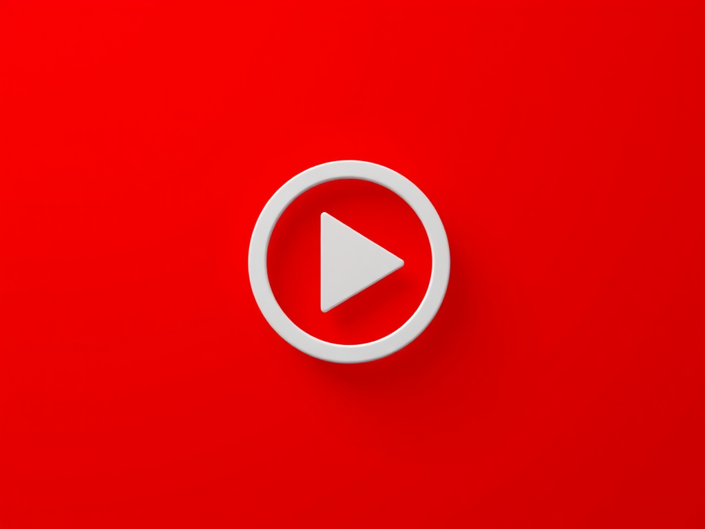 Create a high-resolution image of a play button icon on a bright red background, using a Canon EOS 5D Mark IV camera with a 50mm lens, aperture f/2.8, ISO 100, and a soft focus background effect.