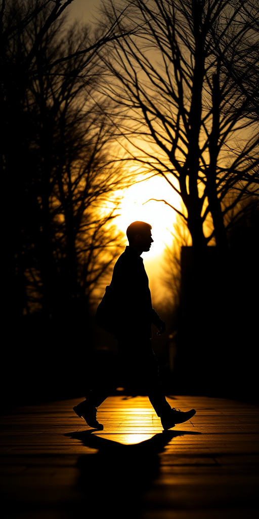 Create a high-resolution silhouette of a person walking, captured with a DSLR camera at f/4, ISO 100, 50mm lens, and a slight vignette effect for emphasis.