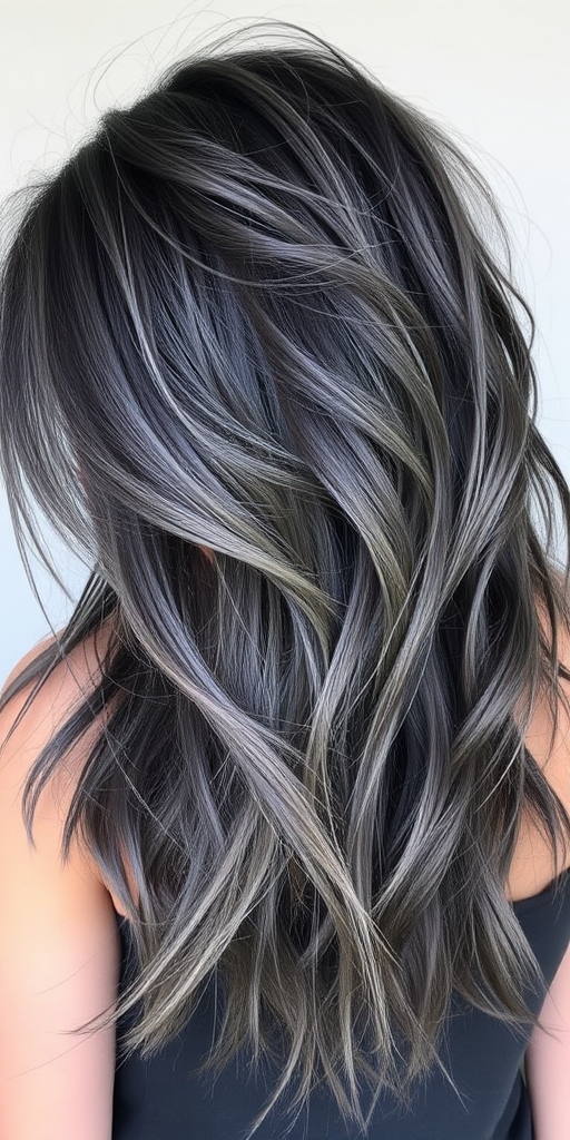Smoky charcoal grey hair forms the base of the edgy "Storm Cloud" style. The long, layered cut features wispy, feathered ends that create movement and texture. Silver and white highlights throughout mimic flashes of lightning, while the overall look is styled in tousled, windswept waves for a dramatic, weather-inspired effect.