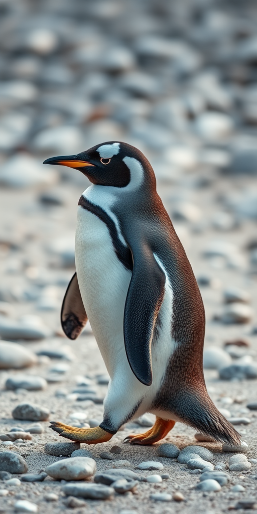 Regenerate the image of a walking penguin on a beach setting with smooth pebbles in the background, use a DSLR camera, 50mm lens, aperture f/2.8, shutter speed 1/250 sec, ISO 200, natural light for enhanced image quality, shallow depth of field to focus on the penguin.