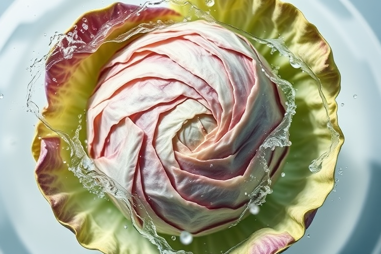 Capture a fresh cabbage splashing into clear water, with a soft-focus background and high contrast, using a DSLR camera with a 100mm macro lens, aperture f/2.8, ISO 200, shutter speed 1/500 sec, and a top-down view for enhanced clarity and detail.
