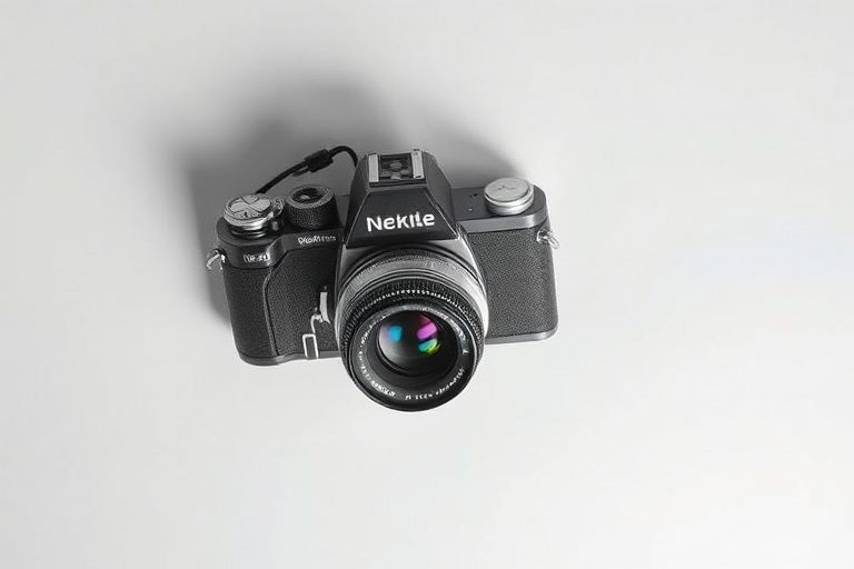 Create a highly detailed illustration of a vintage camera on a light gray background, with soft shadows and a subtle texture, captured from a top-down view, using a DSLR camera set to ISO 100, aperture f/4, and a focal length of 35mm.