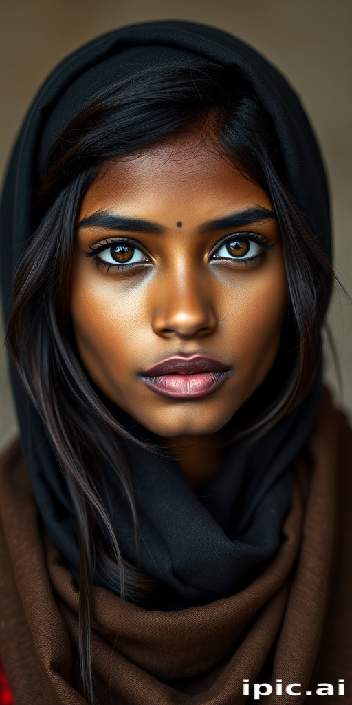 Create a portrait of a young Sri Lankan woman with long, dark hair and captivating hazel eyes. She is wearing a dark headscarf and a matching scarf draped gracefully around her neck. The background is softly blurred, focusing attention on her serene and natural expression. The overall color palette is muted and warm, enhancing the intimate and authentic feel of the portrait.