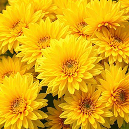 create a vibrant illustration of yellow chrysanthemums with intricate details, use a Canon EOS 5D Mark IV, f/2.8 aperture, 50mm lens, in natural light to enhance color saturation and sharpness