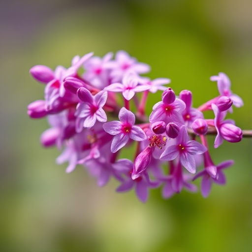 macro shot of a vibrant purple flowering branch with soft green background, f/2.8 aperture, 1/200 sec shutter speed, ISO 100, taken with a DSLR camera in natural light, shallow depth of field, focus on the floral details.