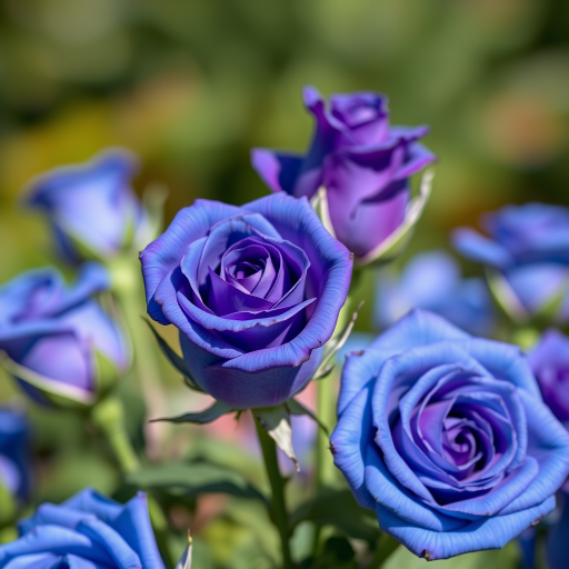 Generate a high-resolution close-up image of blue roses in natural lighting, using a Canon EOS 5D Mark IV with a 50mm f/1.8 lens, aperture set to f/2.8, ISO 100, and a shallow depth of field for a soft background blur.