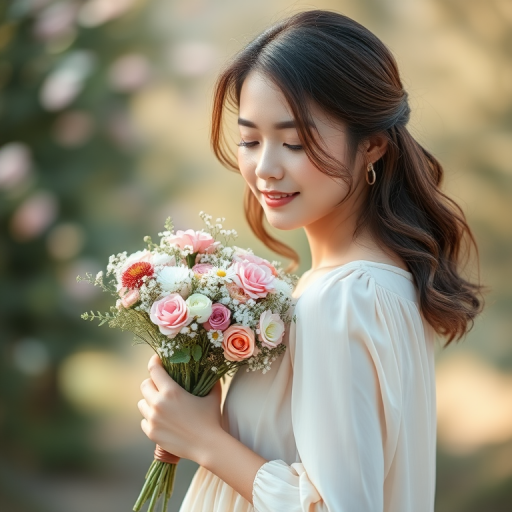 Regenerate a soft focus image of a woman in a light-colored dress holding a bouquet of flowers, captured with a Canon EOS R5, 50mm lens, f/1.8 aperture, ISO 100, natural lighting, and a shallow depth of field for a dreamy effect.