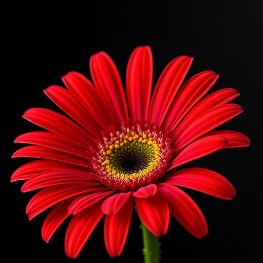 Regenerate an image of a vibrant gerbera daisy with bold red petals and a contrasting green center on a dark background, captured with a Canon EOS R5 at f/2.8, ISO 100, 50mm lens, with soft natural lighting from the side for enhanced detail and texture.