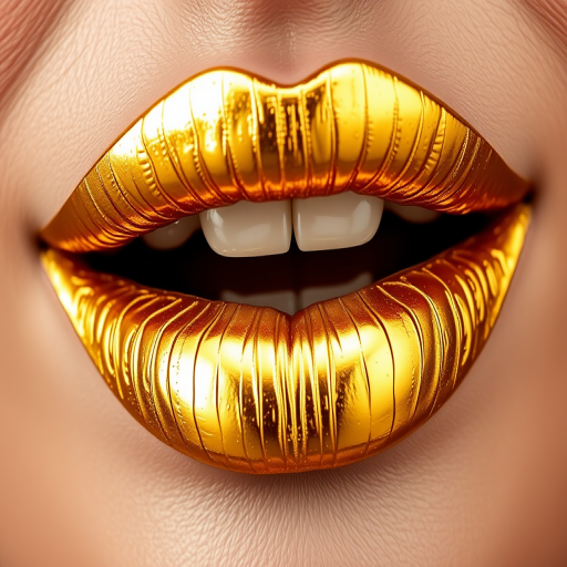 Bold metallic gold lips, shimmering and eye-catching, perfect for avant-garde fashion statements and high-impact makeup looks