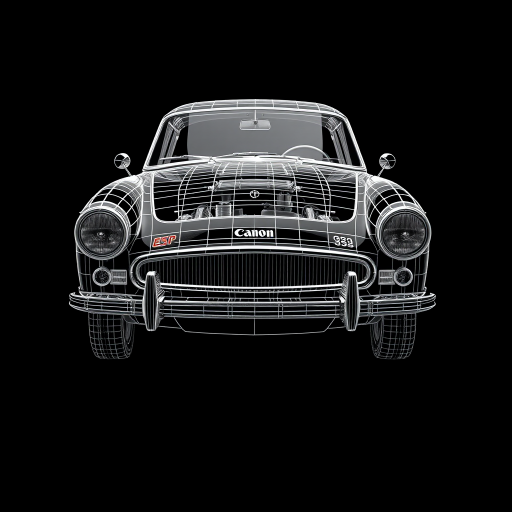 Generate a high-quality image of a classic car with a wireframe style on a black background, using a Canon EOS 5D Mark IV with a 50mm f/1.8 lens, ISO 100, aperture f/8, and shutter speed 1/125 sec, taken from a front three-quarter view to enhance detail and depth.