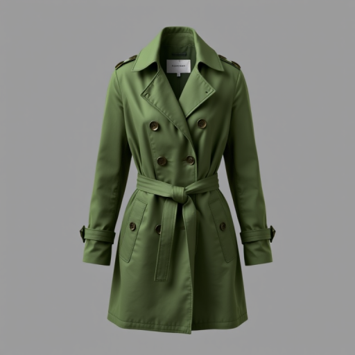 Create a high-resolution image of a green trench coat with a belt and double-breasted buttons, using a DSLR camera with a 50mm lens, f/2.8 aperture, ISO 100, shot from a slightly elevated front view with soft lighting to enhance texture and detail.