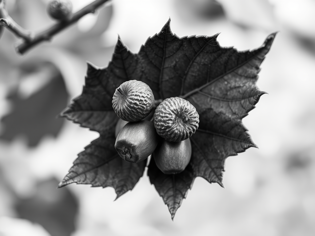 high-detail black and white illustration of a leaf with acorns on a transparent background, macro view, shot with a Canon EOS R5, aperture f/8, shutter speed 1/200s, ISO 100, focus on texture and detail