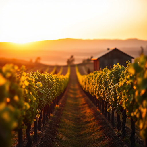 Soft-focus image of a scenic vineyard at sunset, soft golden light illuminating rows of grapevines, with a rustic barn and distant hills in the background.