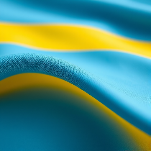 Create a high-resolution image of a wavy fabric texture featuring the colors blue and yellow in two horizontal stripes, with a soft focus background, using a DSLR camera at f/2.8, ISO 100, 50mm lens, and natural light for enhanced quality.