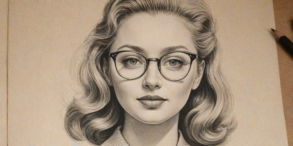 Splendid Elisabeth Harnois, pencil sketch, portrait of Comely woman 1945s in glasses, hair style beatnik, outline, clear lines, fine lines, 8k