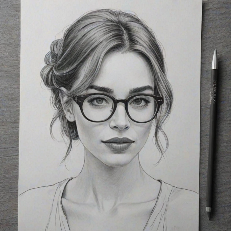 Stunning Arielle Vandenberg, pencil sketch, portrait of Radiant woman 1922s in glasses, hair style beatnik, outline, clear lines, fine lines, 8k