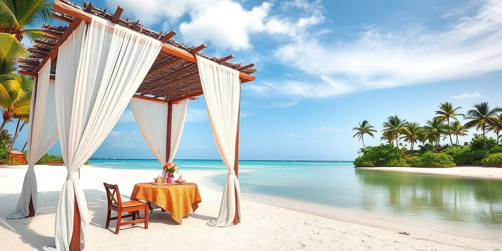Create a picturesque tropical beach scene featuring a serene, white sandy shore. In the foreground, there's a rustic wooden canopy with white drapes gently flowing in the breeze. Underneath the canopy, a table is set with tropical decor, evoking a sense of relaxation and leisure. The beach extends into a calm, shallow water area with reflections of the sky and surroundings. Palm trees and lush greenery line the edge of the beach, providing a natural, tropical backdrop. The sky is clear with a few scattered clouds, and the overall atmosphere is tranquil and inviting, perfect for a peaceful retreat.