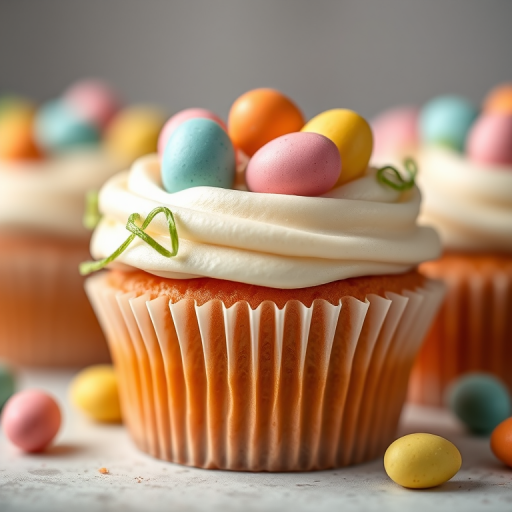 A close-up of a decorated cupcake with frosting and colorful candy eggs on top, captured with a Canon EOS R5, 50mm lens, aperture f/2.8, ISO 100, natural light, shallow depth of field for enhanced focus on the cupcake.