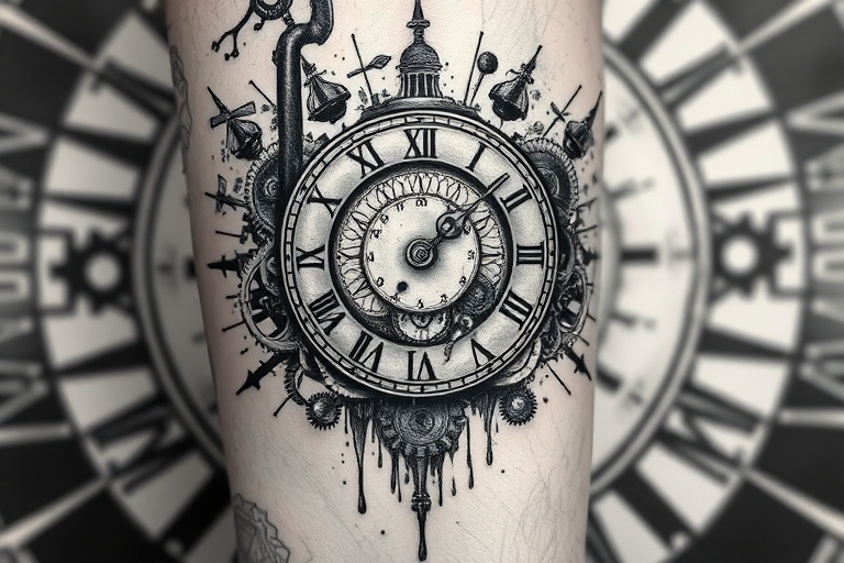 Surrealist blackwork tattoo called "Temporal Illusion" portraying a melting clock face intertwined with anatomically correct gears and cogs, juxtaposed against a backdrop of stark geometric patterns, creating a powerful visual metaphor for the passage of time, ideal for forearm or calf placement