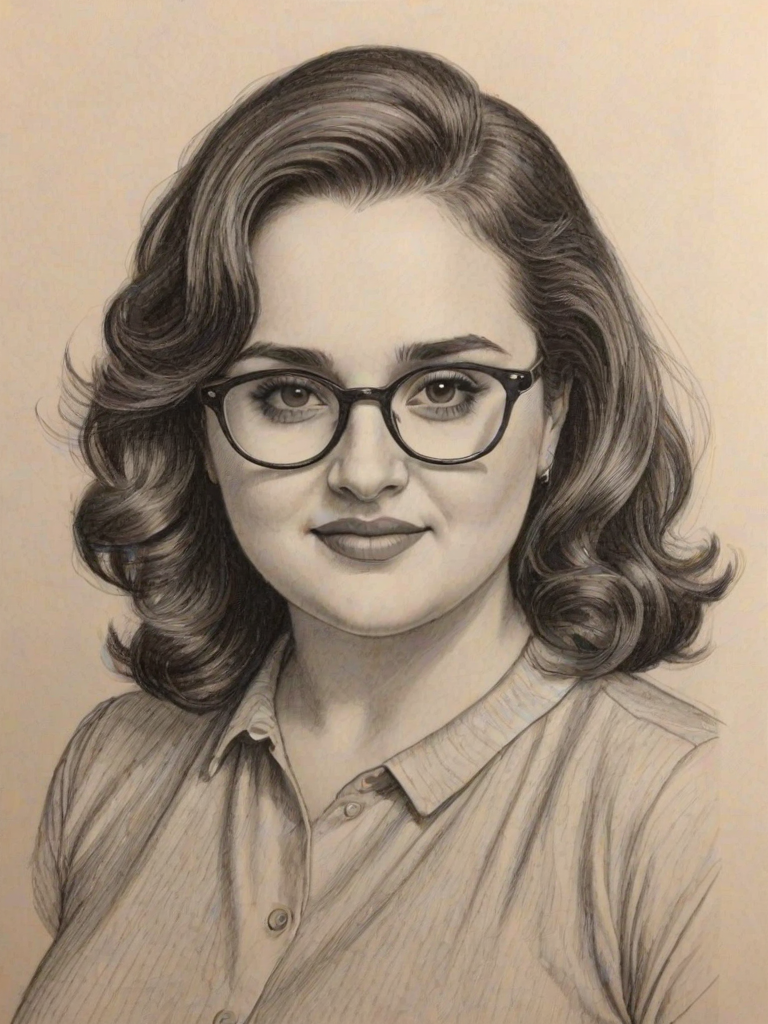 Lovely Nikki Blonsky, pencil sketch, portrait of Ravishing woman 1944s in glasses, hair style beatnik, outline, clear lines, fine lines, 8k