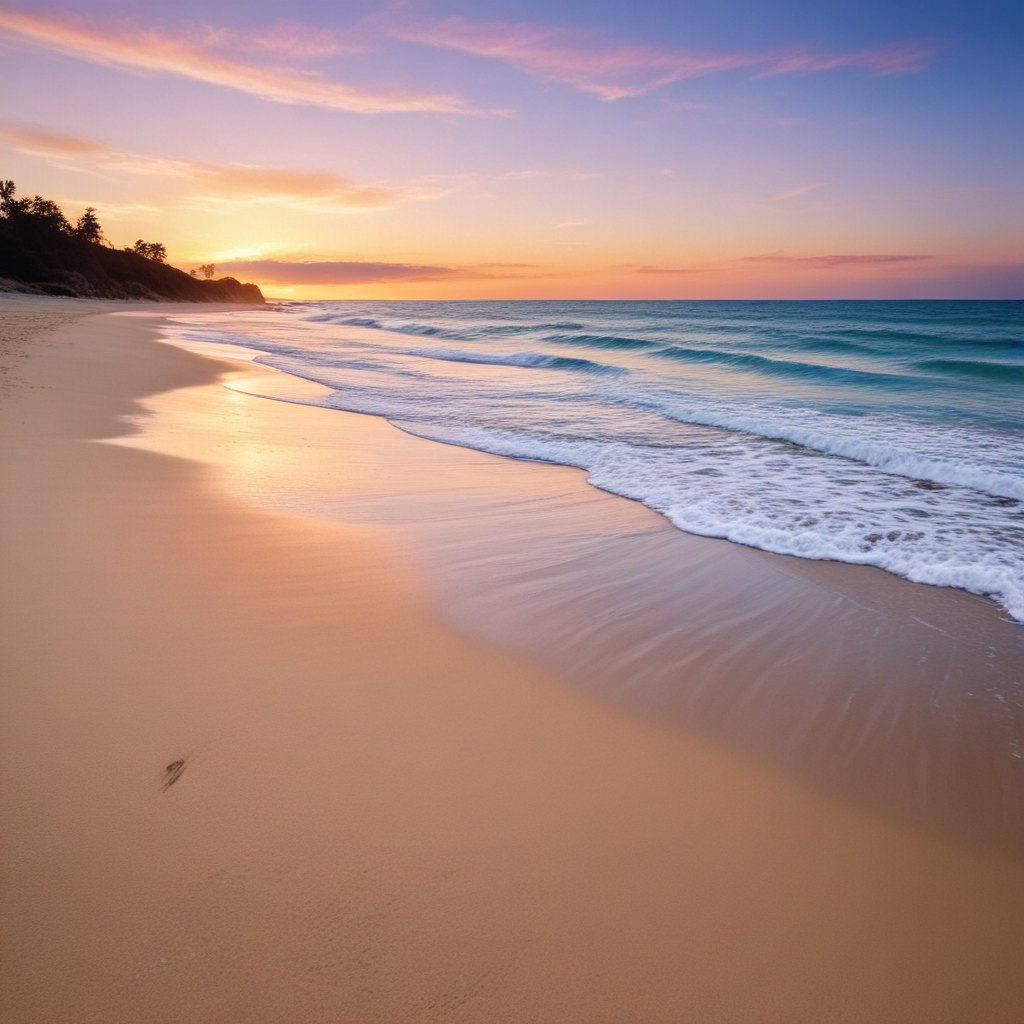 Serene Sunset Over Tranquil Beach with Gentle Waves and Golden Sand