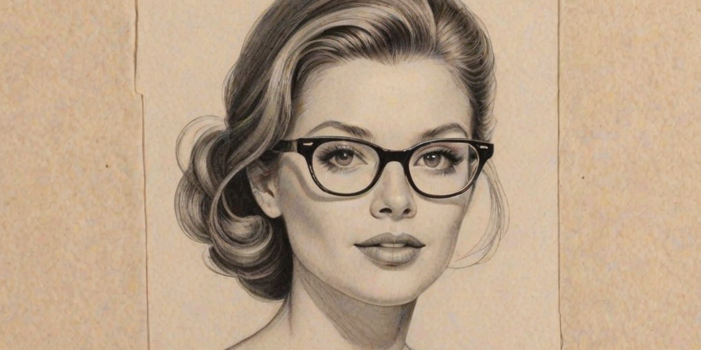 Charming Rachel Nichols, pencil sketch, portrait of Alluring woman 1958s in glasses, hair style beatnik, outline, clear lines, fine lines, 8k
