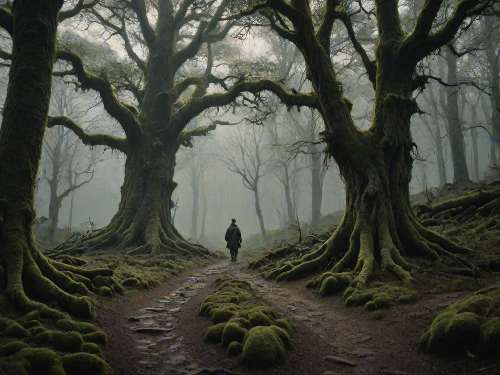 A lone explorer walking on a stone path in the forest, with a gnarled tree with sparse leaves on the left and a dense grove covered in moss and vegetation on the right. In the distance, a figure holding a torch, dressed in dark clothes, is barely visible in the dim light. The scene is enveloped in a quiet and mysterious atmosphere, evoking a sense of venturing into the unknown. High quality image, intricate details, sharp focus, dramatic lighting, photorealistic painting style.