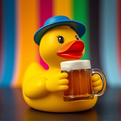 Create a vibrant and detailed image of a yellow rubber duck wearing a blue hat and holding a beer mug, set against a colorful striped background, using a DSLR camera with a 50mm lens, aperture f/1.8, ISO 100, and a soft focus portrait style to enhance image quality.