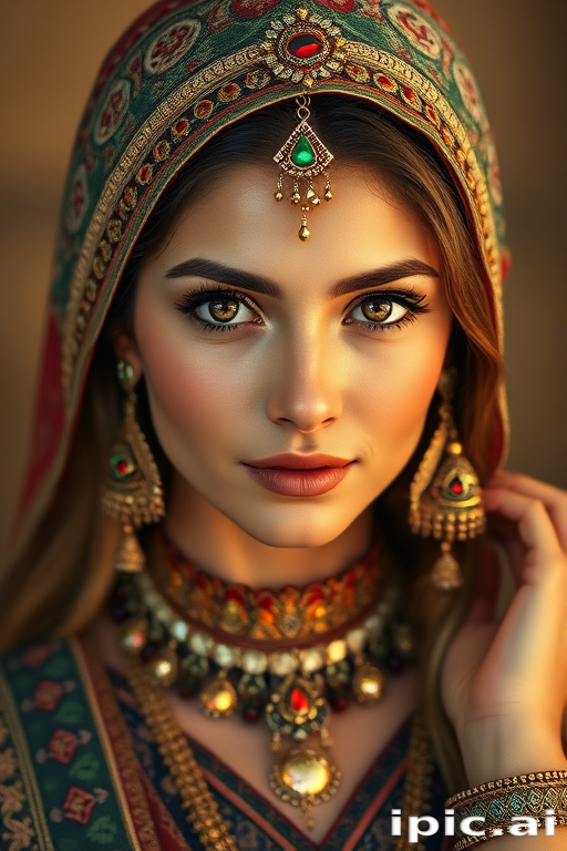 Create a portrait of a beautiful woman with striking hazel eyes and a gentle expression. She is adorned in traditional attire with intricate patterns, including a richly embroidered headscarf and matching garments. Her jewelry includes a delicate headpiece, dangling earrings, and ornate bracelets, all featuring vibrant gemstones and detailed metalwork. The background is soft and warm, enhancing the rich colors of her outfit and jewelry.