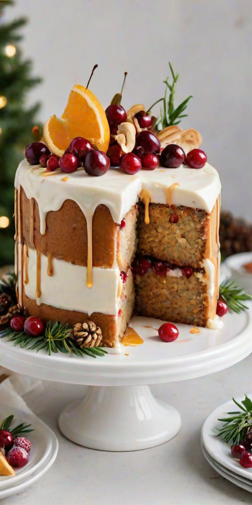 Generate an image of a festive cake decorated with caramel drizzle, fresh fruit slices, nuts, and holiday-themed greenery. The cake should have a smooth white frosting and a visually appealing arrangement of toppings that includes candied cranberries and orange zest. The setting should feel warm and inviting, capturing a celebratory atmosphere.