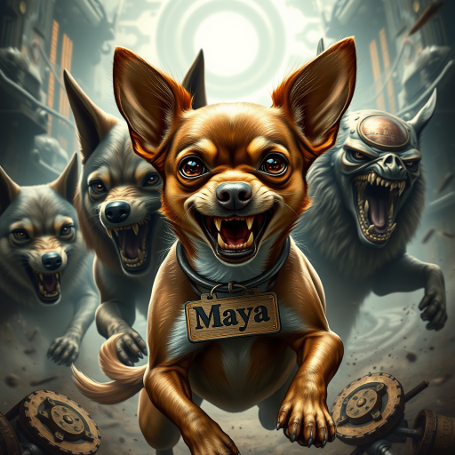 "Create a highly detailed and realistic image of a short-haired Chihuahua named Maya in an extremely fierce and enraged warrior pose. She is battling a pack of wolves and an alien creature, fighting for her life and the life of her owner. The Chihuahua should have a wild and aggressive appearance, with bared teeth and fierce eyes, showcasing her determination despite the overwhelming odds. She should have a distinct white patch on her chest, while the rest of her fur should be brown. A large tag with the name 'Maya' should be prominently displayed around her neck. The background should feature a sci-fi and steampunk style, filled with futuristic mechanical elements and Victorian technology, blending an urban landscape with fantastical details such as gears and steam."