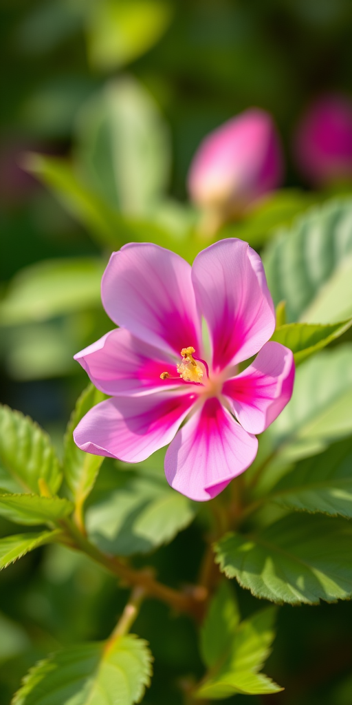 Close-up shot of a blooming pink flower surrounded by green leaves, f/2.8 aperture, 50mm lens, ISO 100, soft focus background, natural morning light.