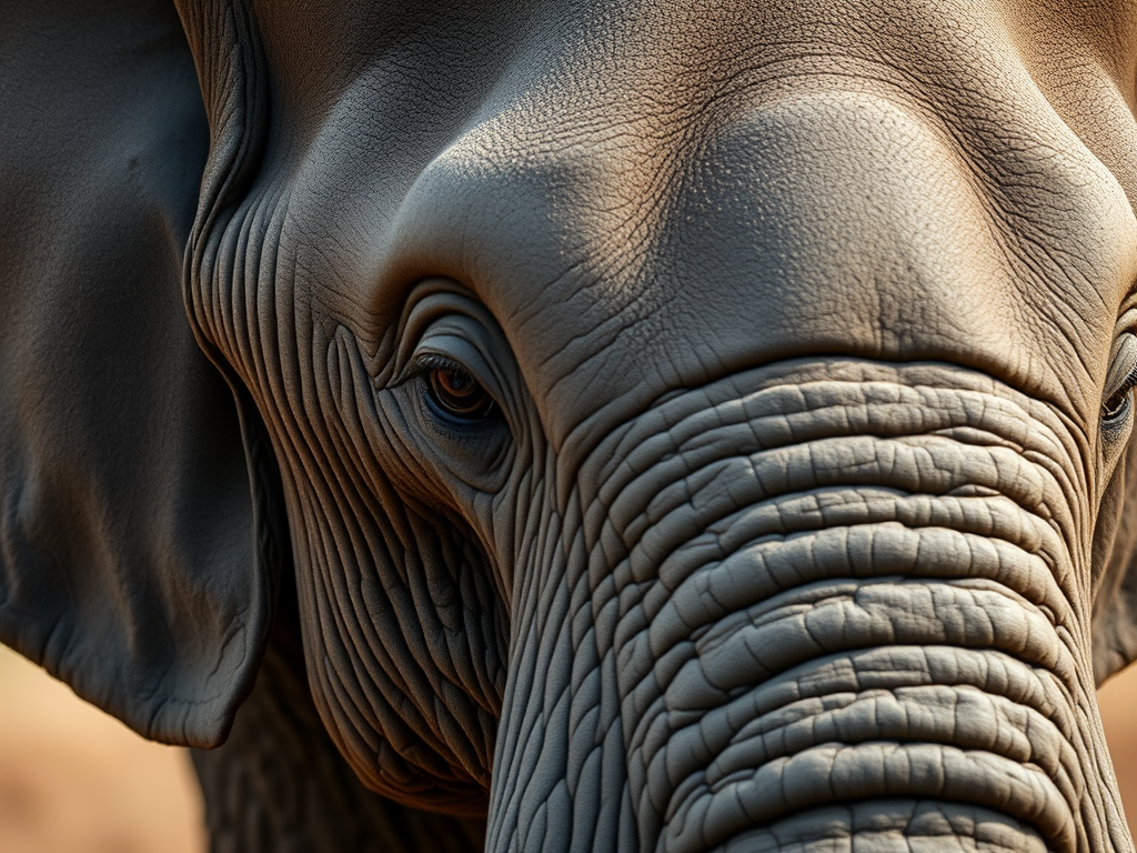 a close-up shot of an elephant's head with detailed texture and deep expression, taken with a Canon EOS 5D Mark IV, 50mm lens, aperture f/1.8, shutter speed 1/200s, ISO 100, natural light, shallow depth of field, emphasizing the intricate skin patterns and the eye