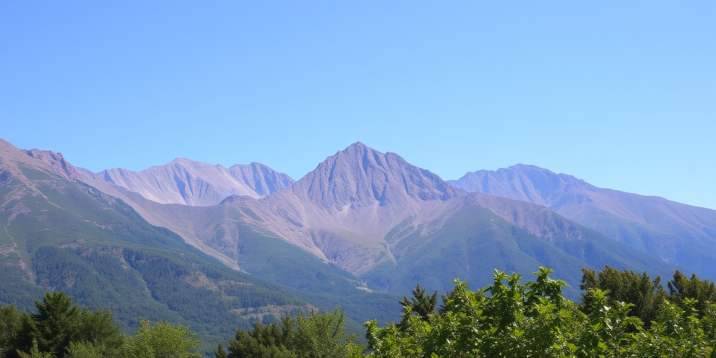 Generate a high-resolution image of a serene landscape featuring a mountain range with a clear blue sky and lush greenery in the foreground, using a DSLR camera with a 50mm lens, f/8 aperture, ISO 100, and a wide-angle view to capture the vastness of the scene.
