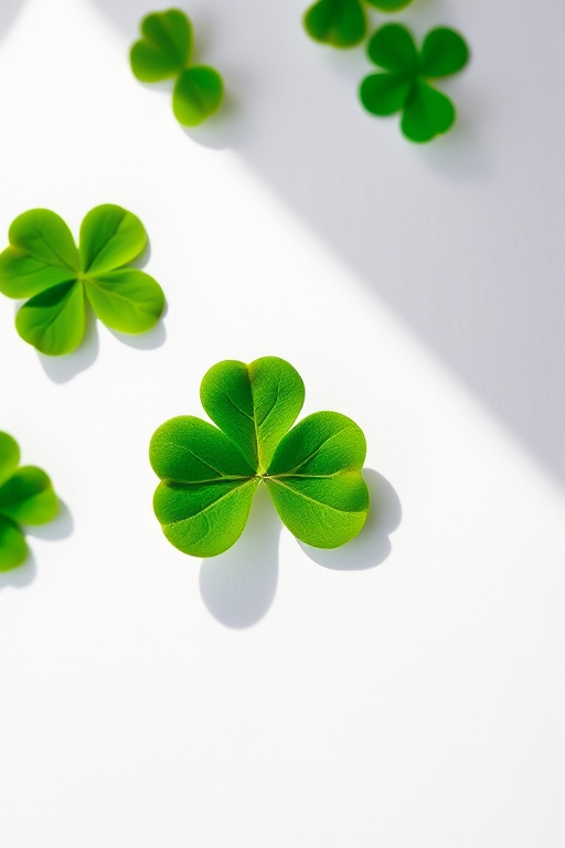 A vibrant three-leaf clover on a clean background, captured with a Canon EOS R5, 50mm f/1.8 lens, natural light, top-down view, high saturation, and increased contrast to enhance the green hues.