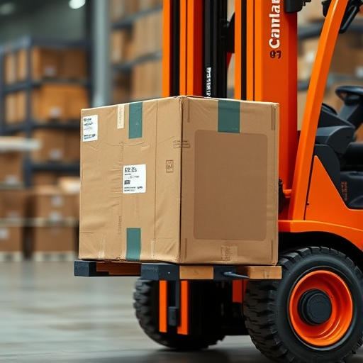 Generate a high-quality image of a side view of an orange forklift lifting a cardboard box with labels, using a Canon EOS R5 camera with a 50mm lens, aperture f/2.8, ISO 100, and a soft focus background to enhance clarity and detail.