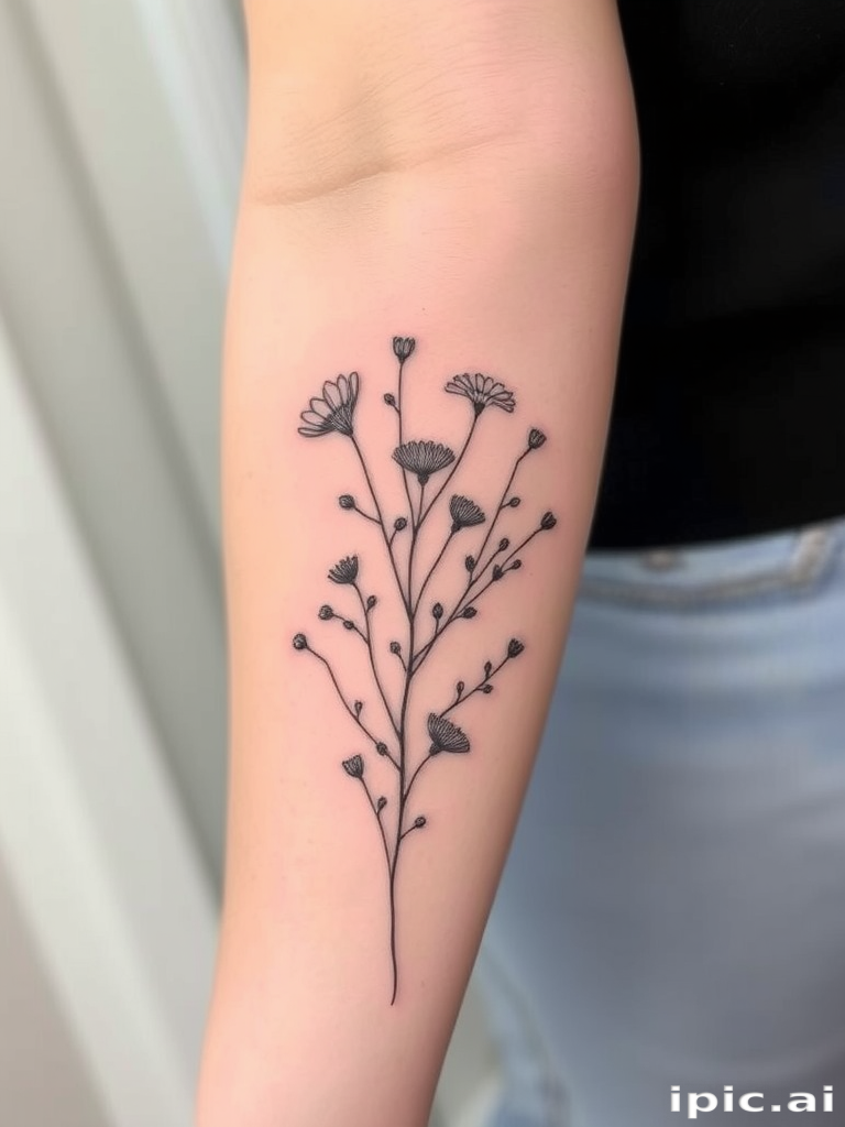 Delicate fine line tattoo titled "Whisper of Nature" depicting a detailed botanical illustration of wildflowers and vines with ultra-thin strokes and minimal shading creating a subtle and elegant design