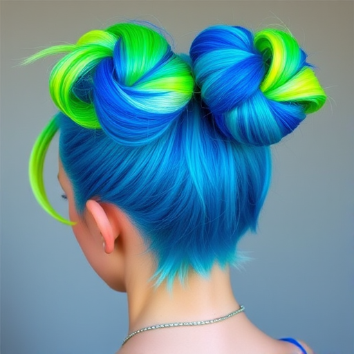 Playful space buns with neon green and electric blue two-tone color, featuring shimmering glitter roots and face-framing tendrils, perfect for festival season