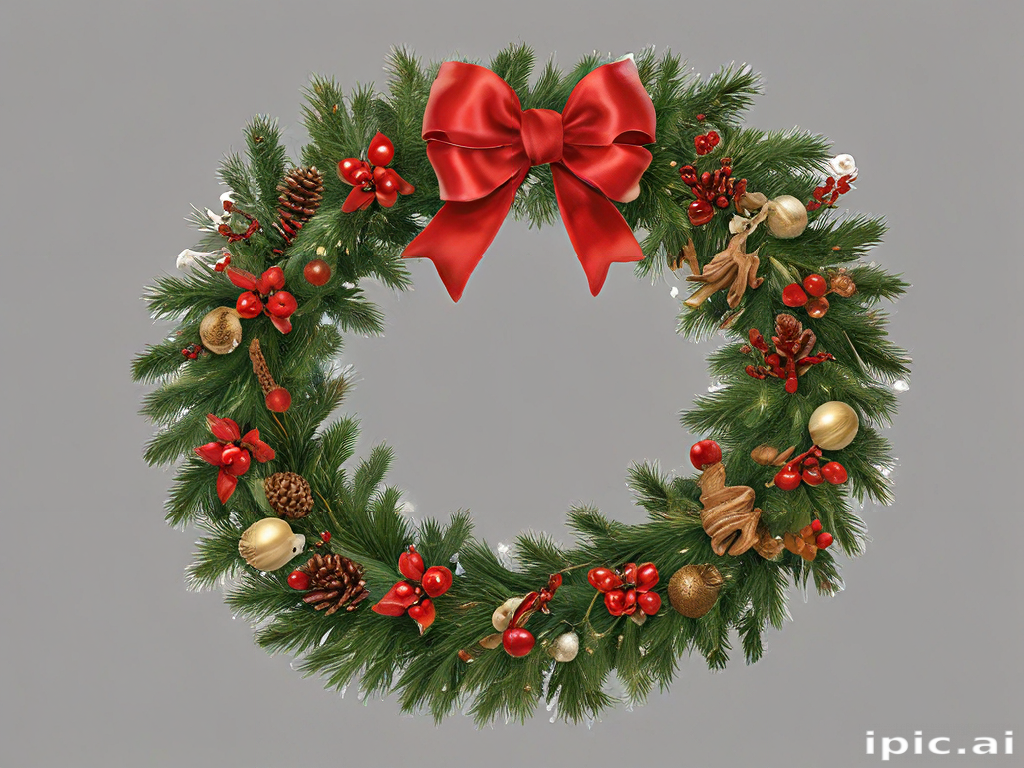 Beautifully Decorated Christmas Wreath with Red Bow and Festive Ornaments