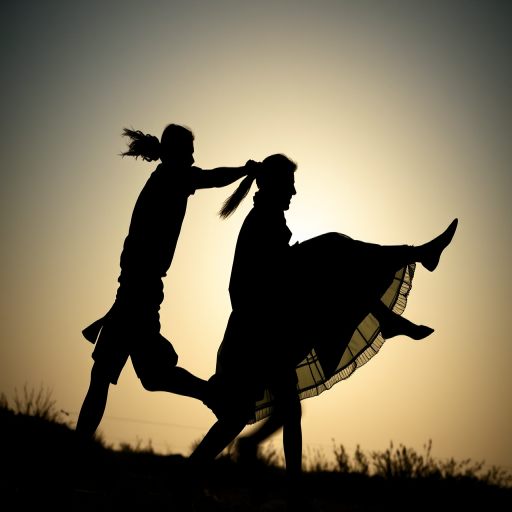 Create a high-contrast silhouette of two figures in motion, one figure appearing to carry the other, shot with a Canon EOS R5 at f/4, ISO 100, 1/200 sec, using a wide-angle lens from a low perspective to enhance depth.